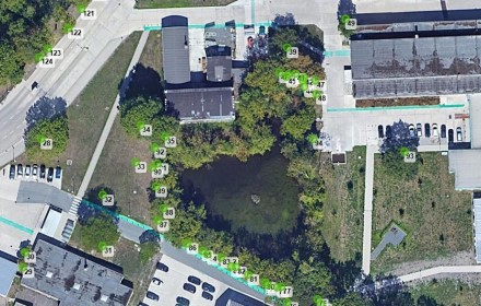 Luftbild mit markierten Bäumen, Baumkataster